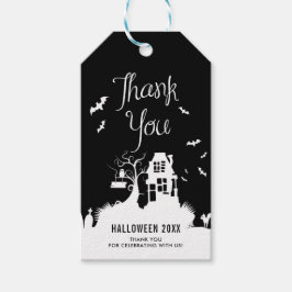 Black and White Haunted House Halloween Hartelijk  Cadeaulabel