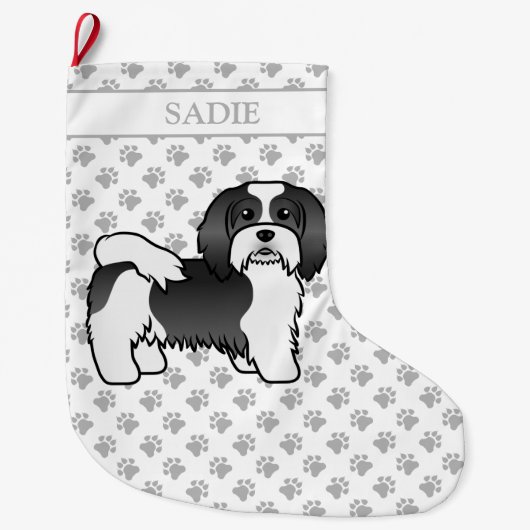 Black and White Havanese Cute Cartoon Dog & Name Grote Kerstsok (Voorkant)