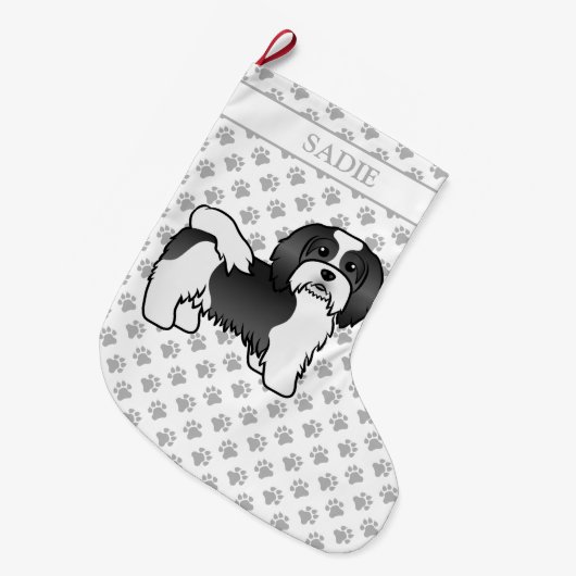 Black and White Havanese Cute Cartoon Dog & Name Grote Kerstsok (Voorkant (Hangend))