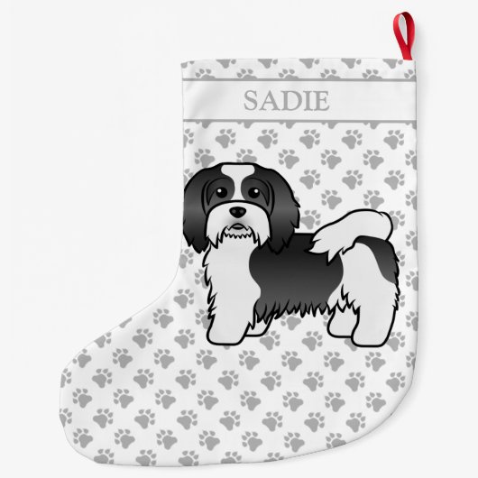 Black and White Havanese Cute Cartoon Dog & Name Grote Kerstsok (Achterkant)