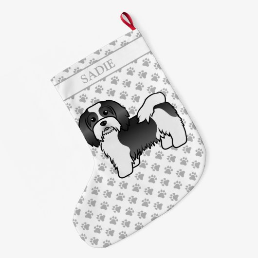 Black and White Havanese Cute Cartoon Dog & Name Grote Kerstsok (Achterkant (Hangend))