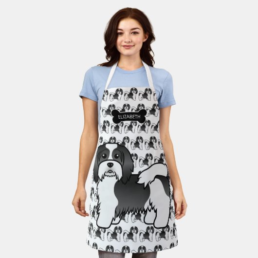 Black and White Havanese Cute Cartoon Dog & Name Schort (Gedragen)