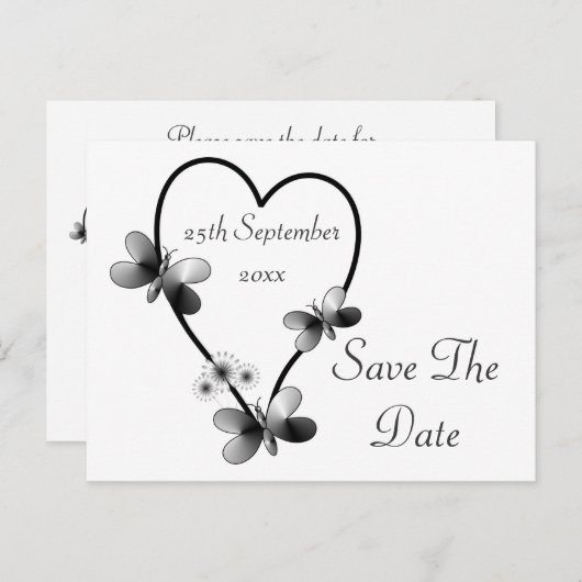 Black and White Heart Butterflies slaan de datum o Aankondigingskaart (Voorkant / Achterkant)