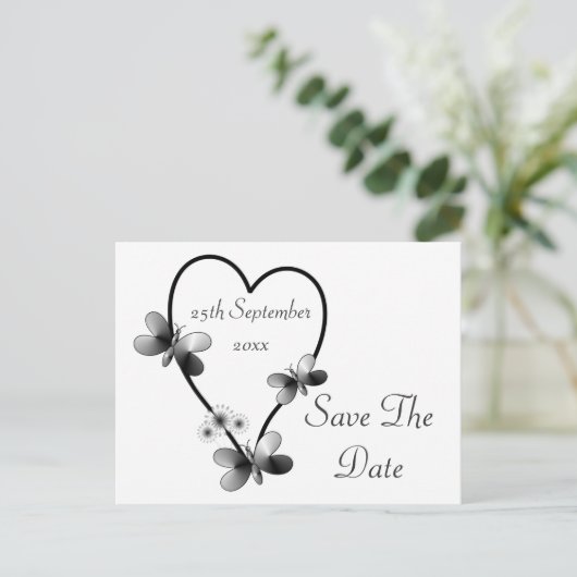 Black and White Heart Butterflies slaan de datum o Aankondigingskaart (Staand voorkant)