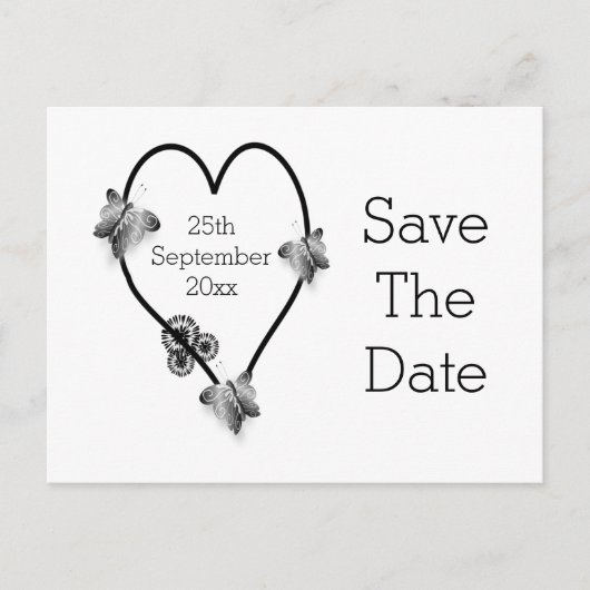 Black and White Heart Butterflies slaan de datum o Briefkaart (Voorkant)