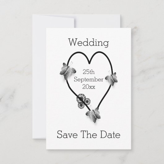 Black and White Heart Butterflies slaan de datum o Save The Date (Voorkant)