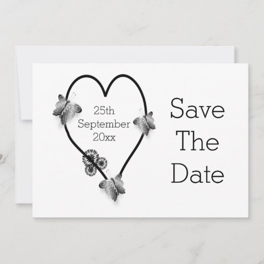 Black and White Heart Butterflies slaan de datum o Save The Date (Voorkant)