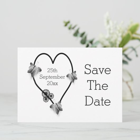 Black and White Heart Butterflies slaan de datum o Save The Date (Staand voorkant)