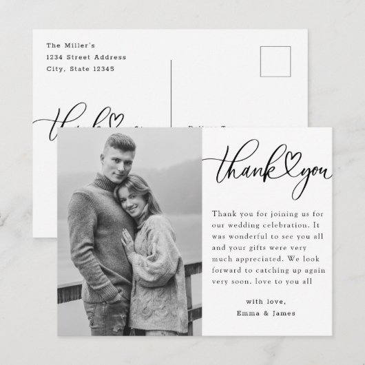 Black and White Heart Foto Weddenschap Bedankt Briefkaart (Voorkant / Achterkant)