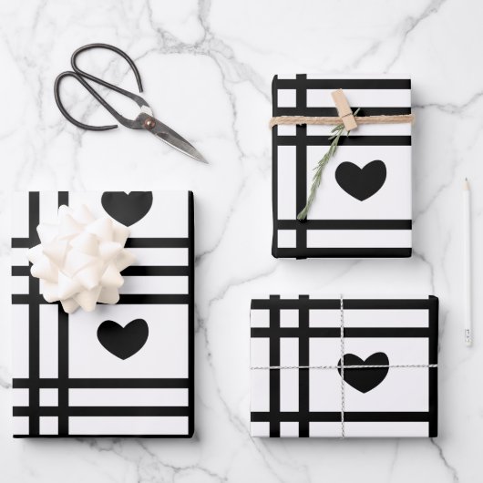 Black and White Hearts Cute Valentijnsdag Pattern Inpakpapier Vel (Voorkant)