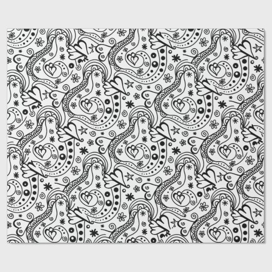 Black and White Hearts Love Artsy Doodle Pattern Cadeaupapier (Vlak)