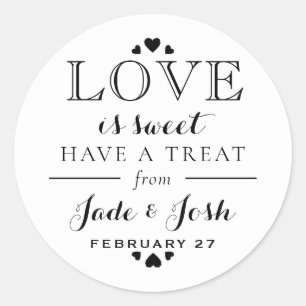Black and White Hearts Love is Sweet Wedding Favor Ronde Sticker