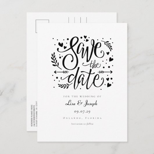 Black and White Hearts Script De datum opslaan Aankondigingskaart (Voorkant / Achterkant)