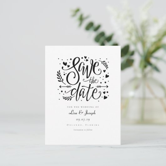 Black and White Hearts Script De datum opslaan Briefkaart (Staand voorkant)