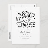 Black and White Hearts Script De datum opslaan Briefkaart (Voorkant / Achterkant)