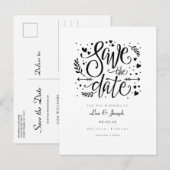 Black and White Hearts Script Save the Date Aankondigingskaart (Voorkant / Achterkant)