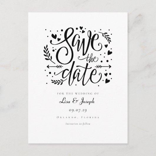 Black and White Hearts Script Save the Date Briefkaart (Voorkant)