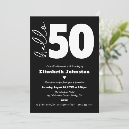 Black and White Hello 50 Fabulous Birthday Bold Kaart (Staand voorkant)