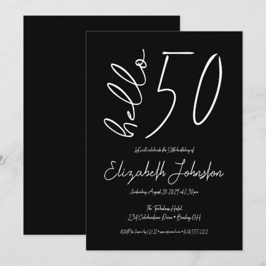 Black and White Hello 50 Fabulous Birthday Minimal Kaart (Voorkant / Achterkant)