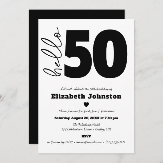 Black and White Hello 50 Fabulous Birthday Modern Kaart (Voorkant / Achterkant)