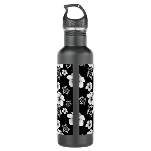 Black and White Hibiscus Honu Hawaiian Pattern Waterfles (Achterkant)
