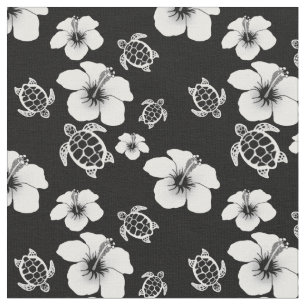 Black and White Hibiscus Honu Hawaiian Stof