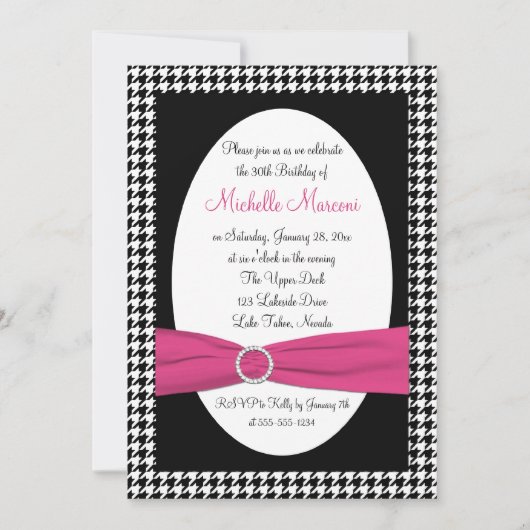 Black and White Houndstooth 30th Birthday Invite Kaart (Voorkant)