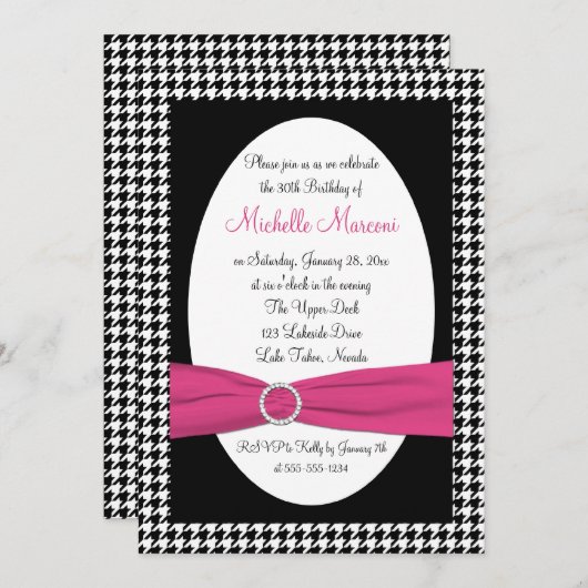 Black and White Houndstooth 30th Birthday Invite Kaart (Voorkant / Achterkant)