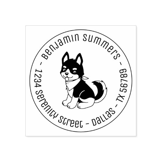 Black and White Husky Puppy Dog Round Address Rubberstempel (Afrduk)