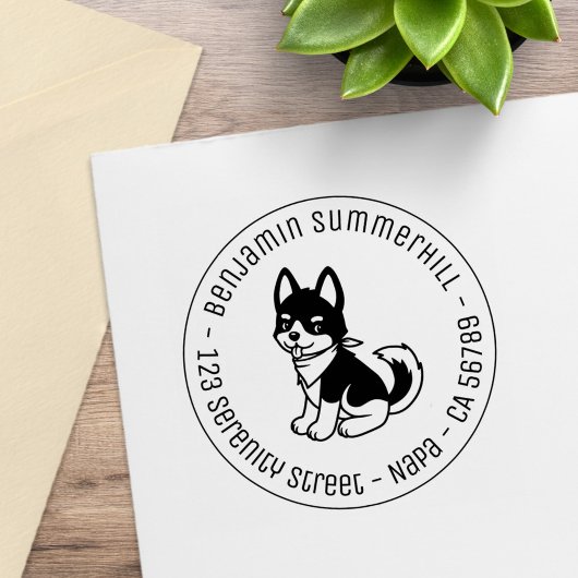 Black and White Husky Puppy Dog Round Address Rubberstempel