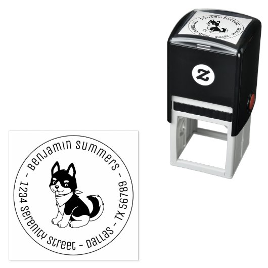 Black and White Husky Puppy Dog Round Address Zelfinktende Stempel (In situ)