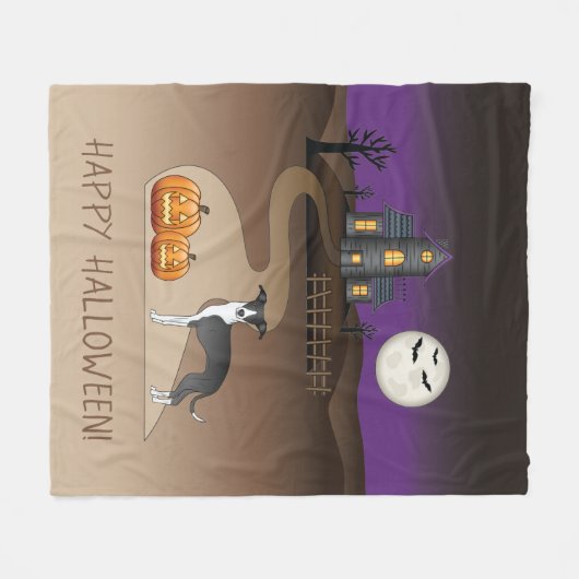 Black and White Iggy and Halloween Hauning House Fleece Deken (Voorkant (Horizontaal))