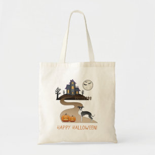 Black and White Iggy and Halloween Hauning House Tote Bag