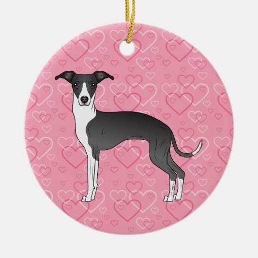 Black and White Iggy Dog Pink Hearts Pet Memorial Keramisch Ornament (Voorkant)