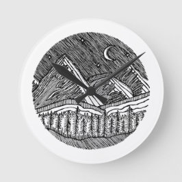 Black and White Ink-Drawn Round Alp Landscape Ronde Klok