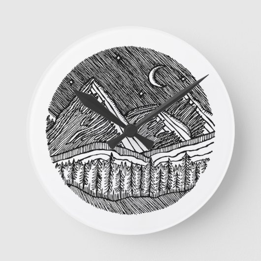 Black and White Ink-Drawn Round Alp Landscape Ronde Klok (Voorkant)