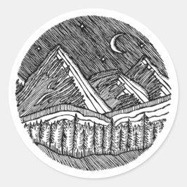 Black and White Ink-Drawn Round Alp Landscape Ronde Sticker