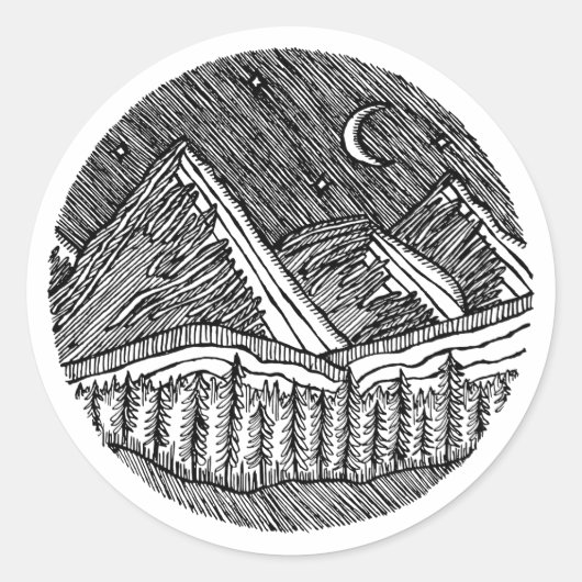 Black and White Ink-Drawn Round Alp Landscape Ronde Sticker (Voorkant)