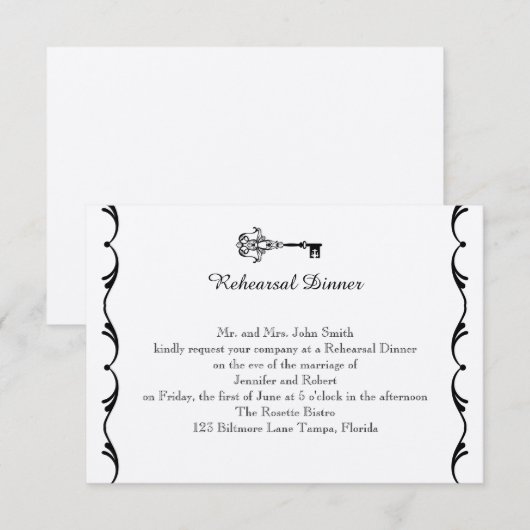 Black and White Key Wedding Rehearsal Kaart (Voorkant / Achterkant)