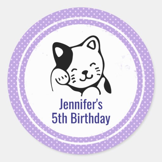 Black and White Kitty Cat Waving Hallo Birthday Ronde Sticker (Voorkant)