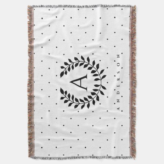 Black And White Laurel Monogram Polka Dot Pattern Deken (Voorkant Verticaal)