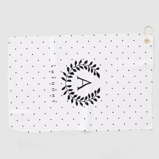 Black And White Laurel Monogram Polka Dot Pattern Golfhanddoek (Horizontaal)
