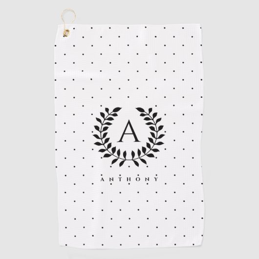 Black And White Laurel Monogram Polka Dot Pattern Golfhanddoek (Voorkant)