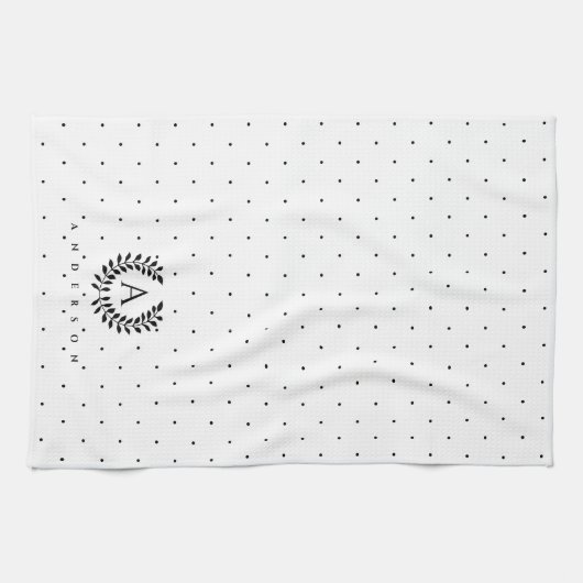 Black And White Laurel Monogram Polka Dot Pattern Theedoek (Horizontaal)