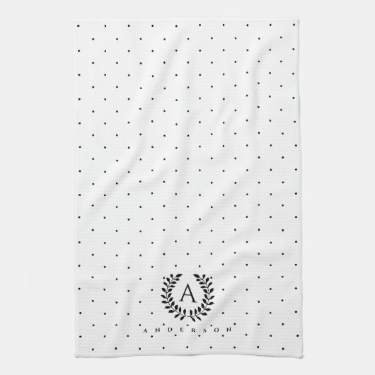 Black And White Laurel Monogram Polka Dot Pattern Theedoek (Verticaal)
