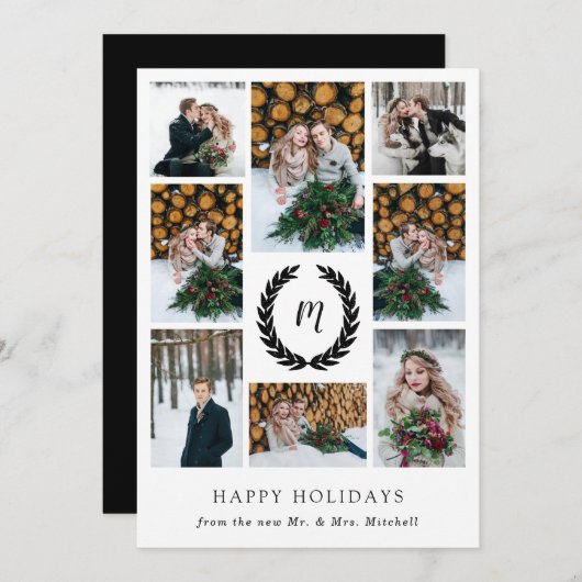 Black and White Laurel WreatPhoto Grid Kerstmis Feestdagenkaart (Voorkant / Achterkant)