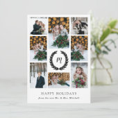 Black and White Laurel WreatPhoto Grid Kerstmis Feestdagenkaart (Staand voorkant)