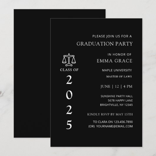Black and White Law School Afstudeerfeest Kaart (Voorkant / Achterkant)