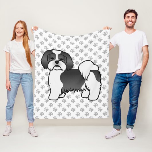 Black and White Lhasa Apso Cute Dog Fleece Deken (In situ)