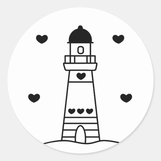 Black and White Lighthouse with Hearts Ronde Sticker (Voorkant)